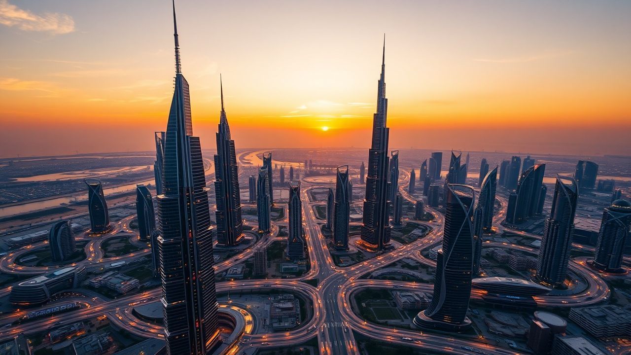 Spectacular Dubai Futuristic Towers at Sunset