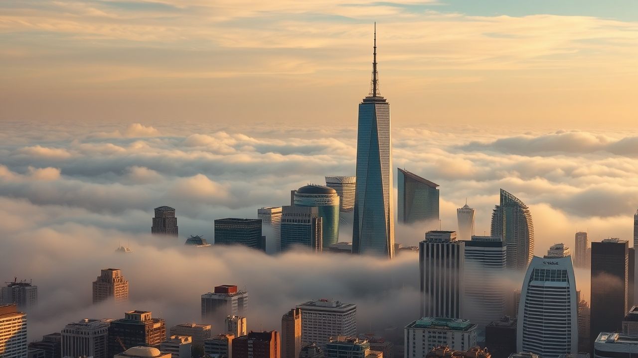 Resplendent City Skyscrapers Emerging in the Mist