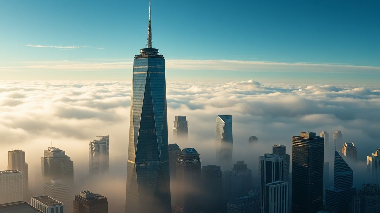 Panoramic City Skyscrapers Emerging in the Mist