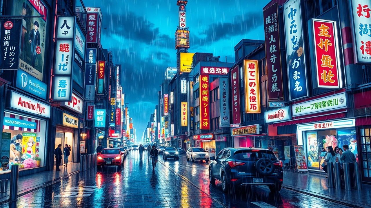 Luminous Tokyo Street Signs in the Rain