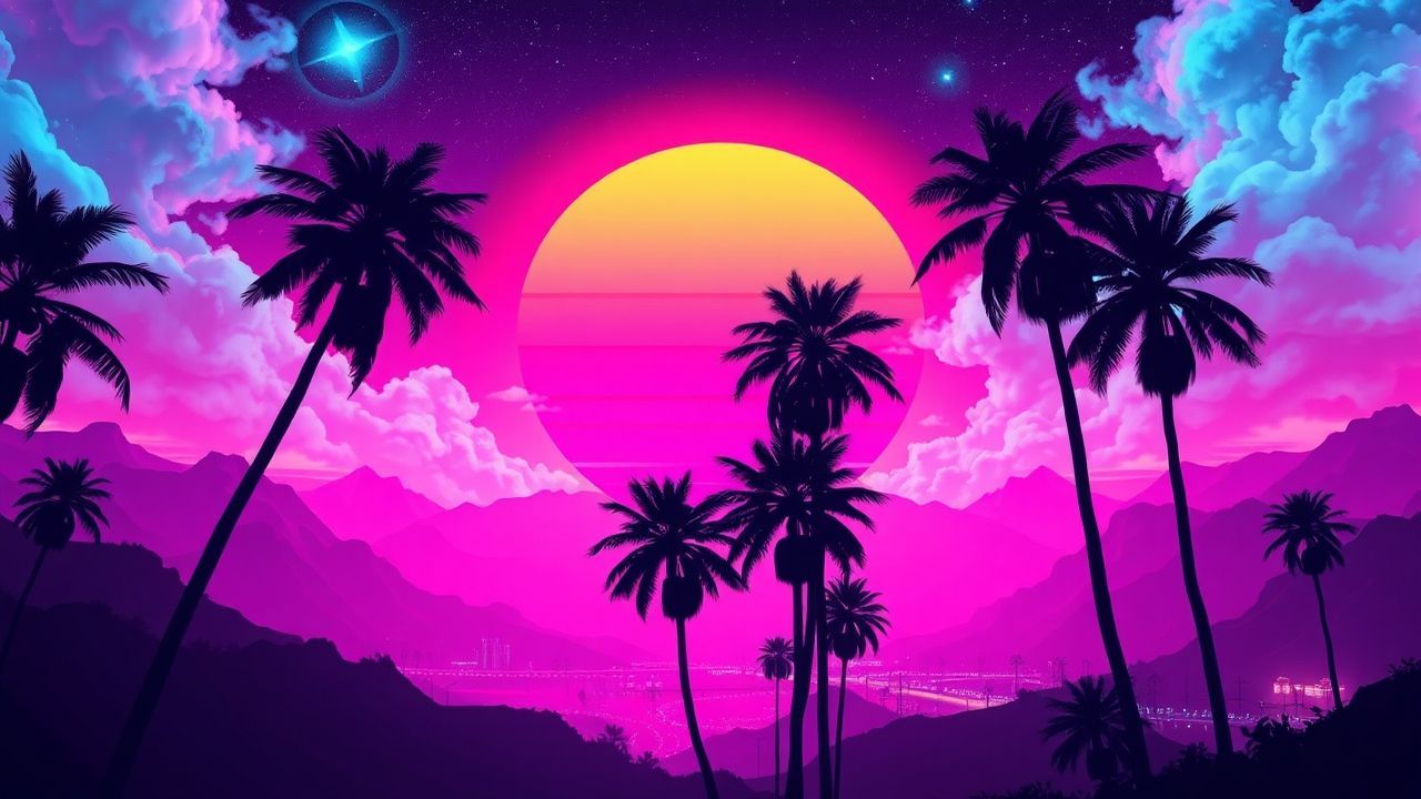 Vintage Synthwave Grid Mountains at Sunset