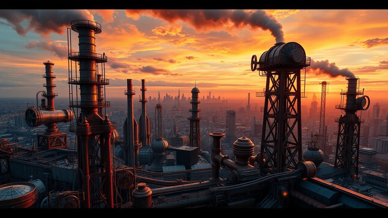 Verdant Steampunk City Brass at Sunset