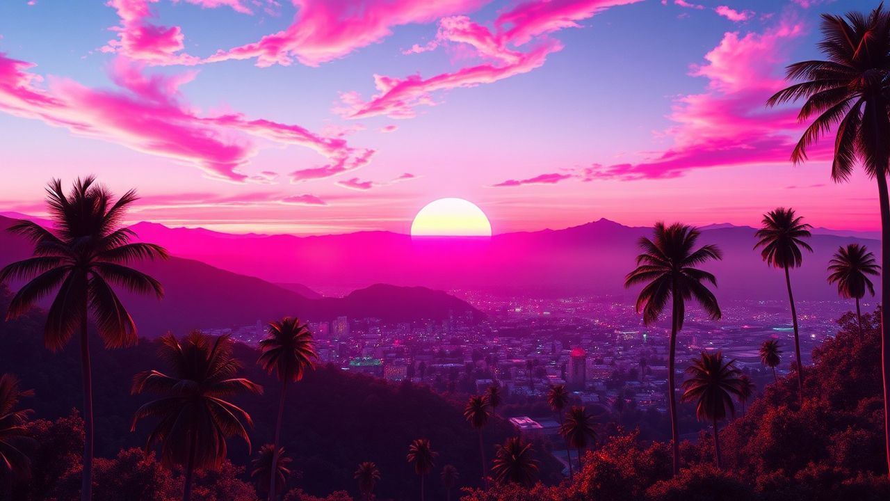 Stellar Synthwave Grid Mountains at Sunset