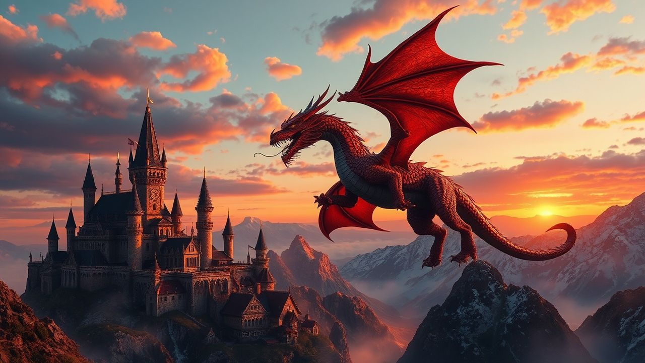 Legendary Dragon Flying Medieval at Sunset
