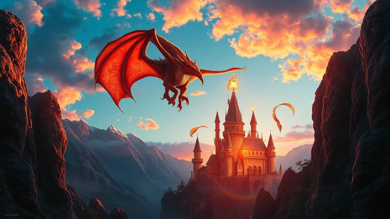 Enchanting Dragon Flying Medieval at Sunset
