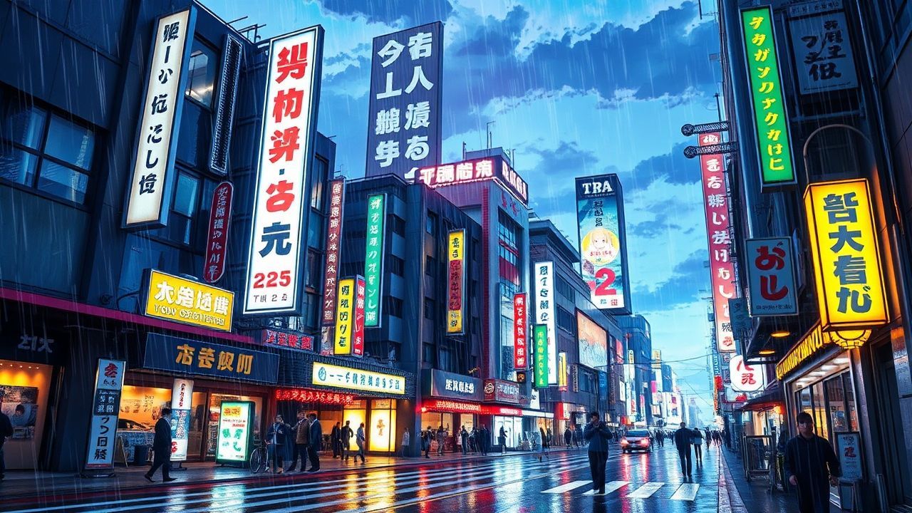 Ethereal Tokyo Street Signs in the Rain
