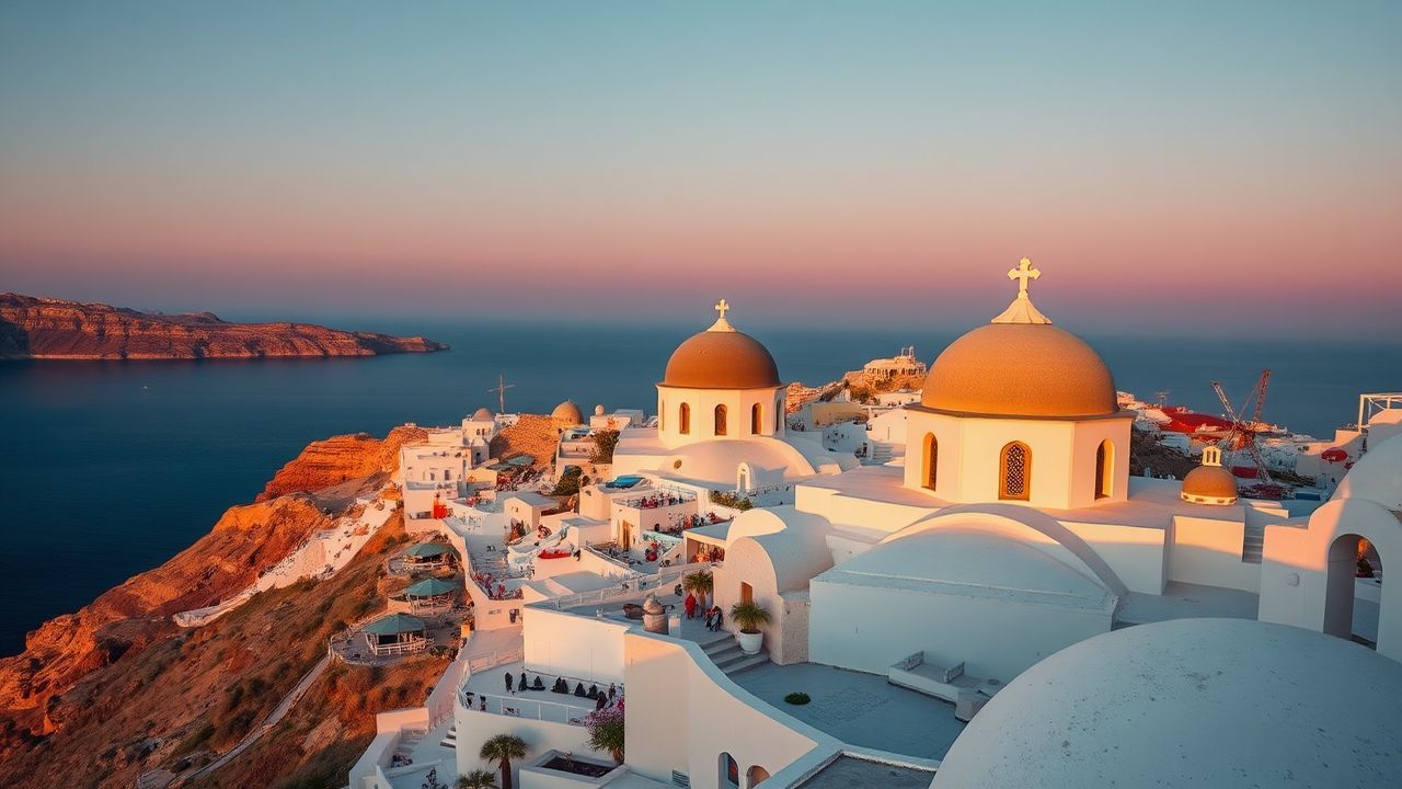 Sun-Kissed Santorini Domes White at Sunset