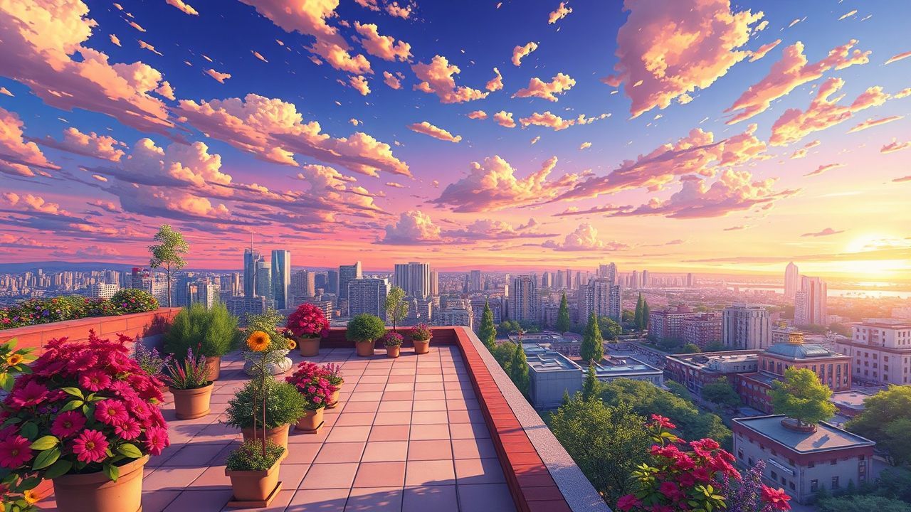 Magnificent Rooftop Garden City at Sunset