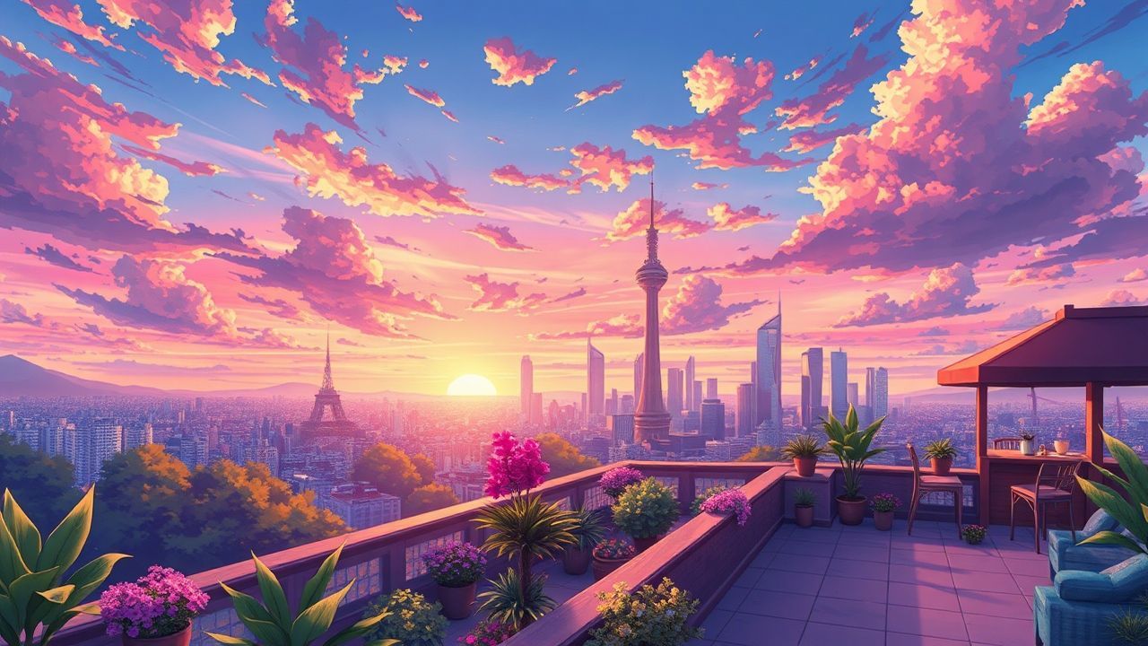 Blissful Rooftop Garden City at Sunset