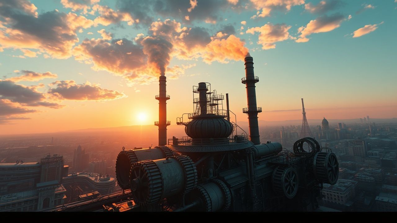 Mechanical Steampunk City Brass at Sunset