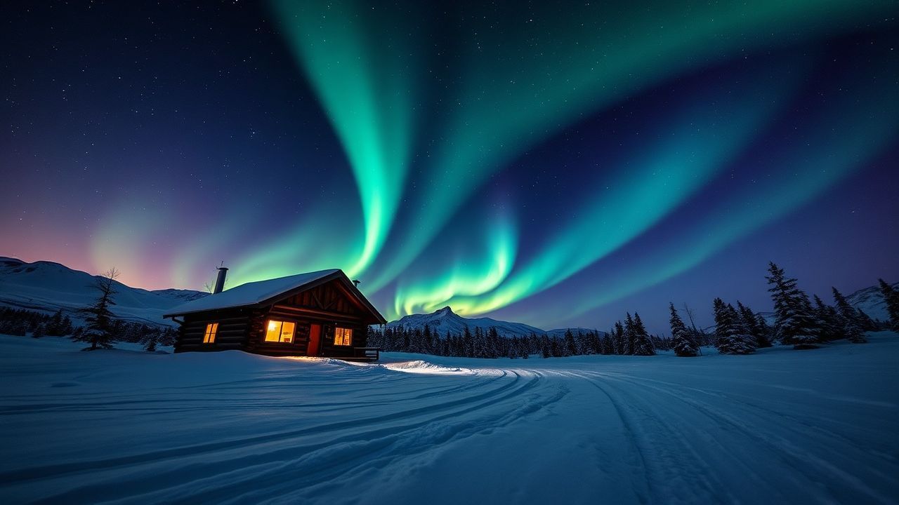 Luminous Northern Lights Cabin in Winter