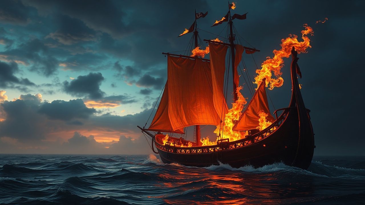 Dramatic Viking Funeral Burning by Night