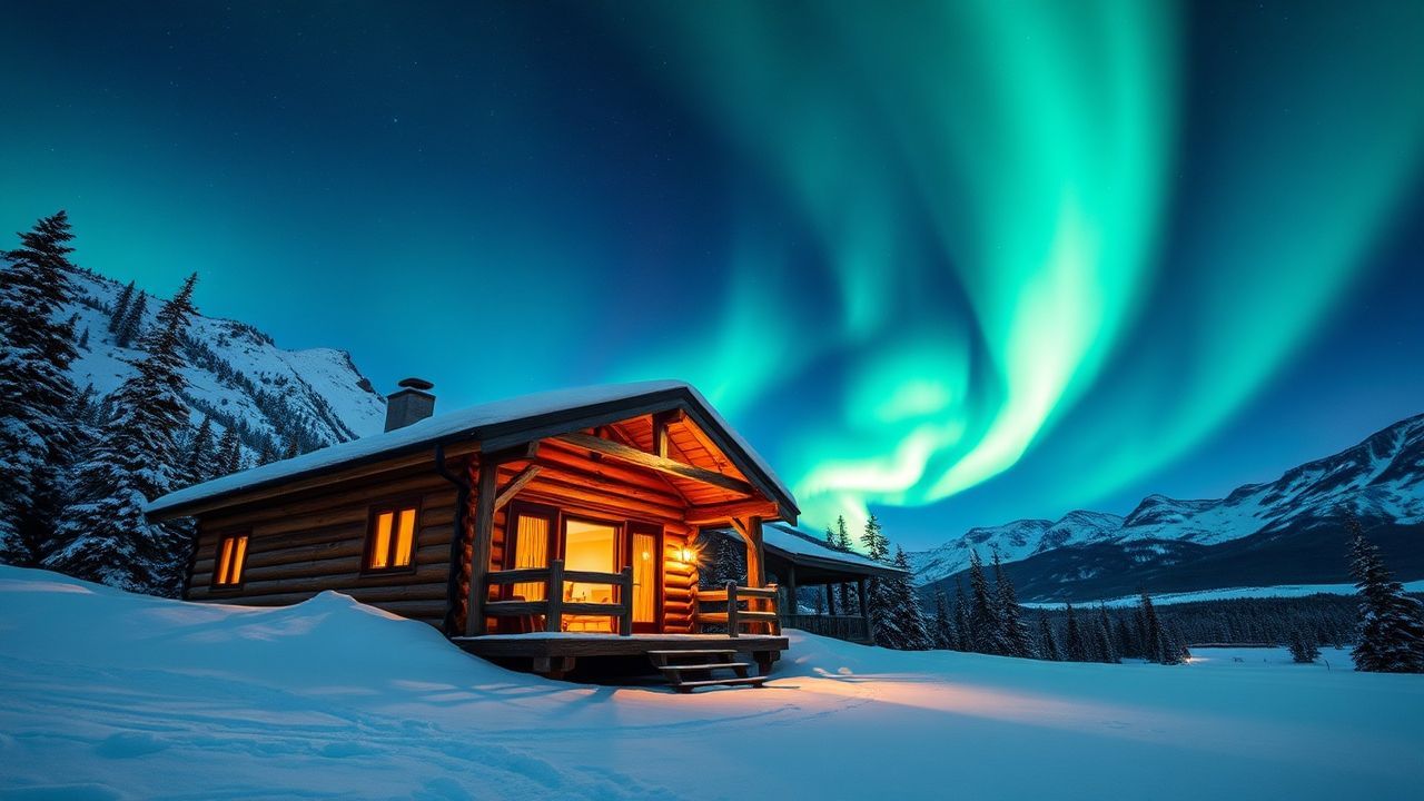 Majestic Northern Lights Cabin in Winter