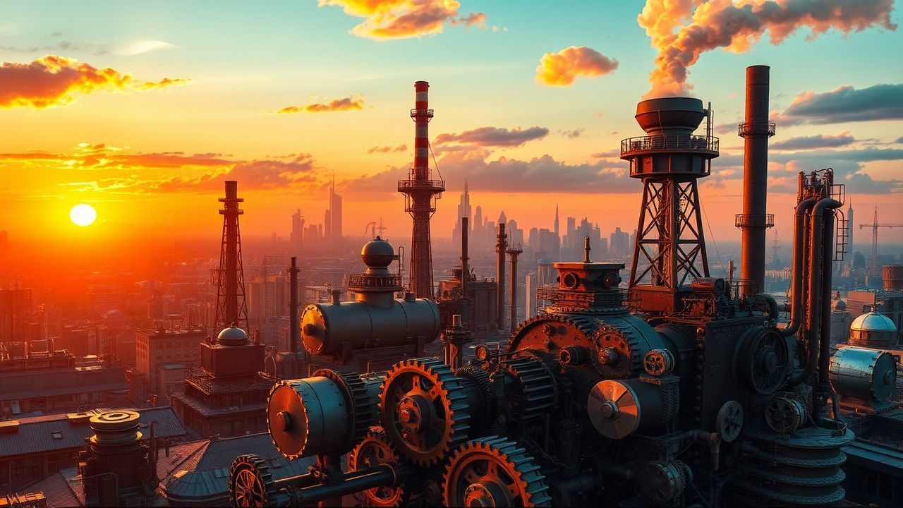 Clockwork Steampunk City Brass at Sunset