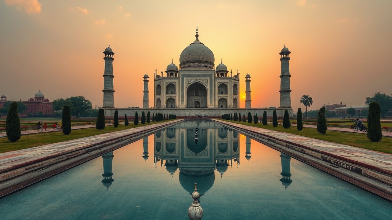 Iconic Taj Mahal Symmetry at Sunrise