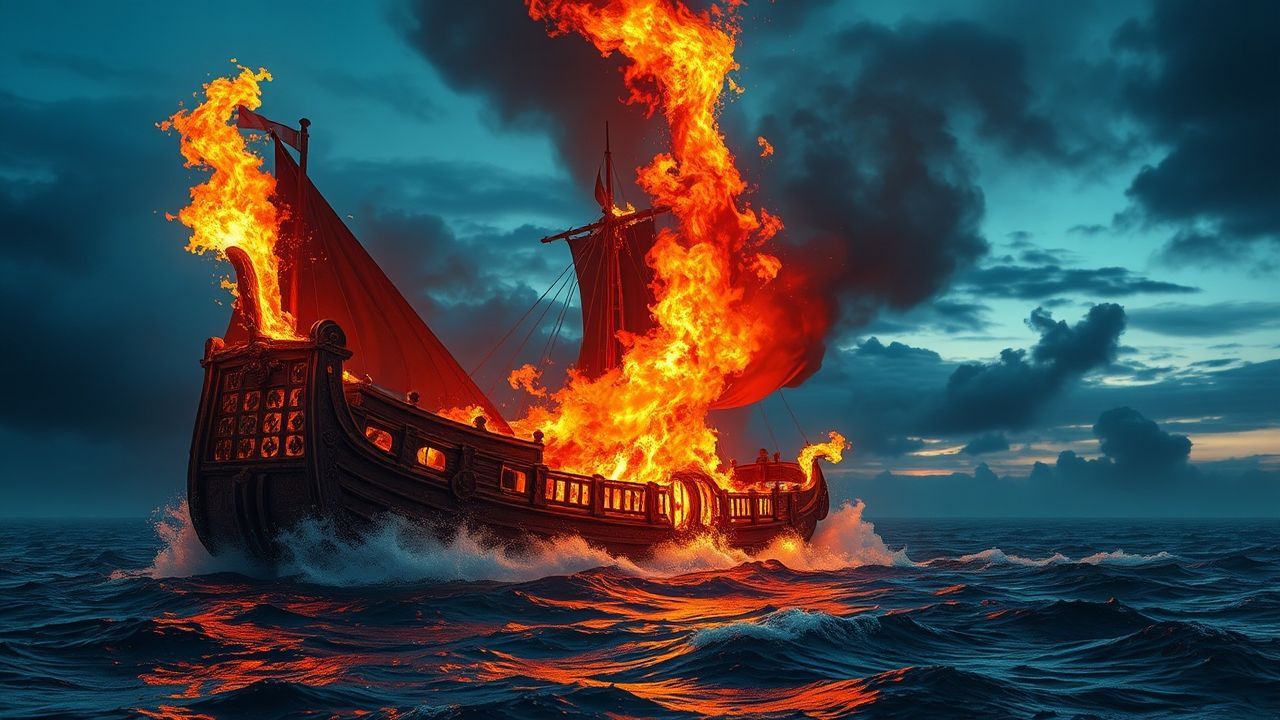 Enchanted Viking Funeral Burning by Night