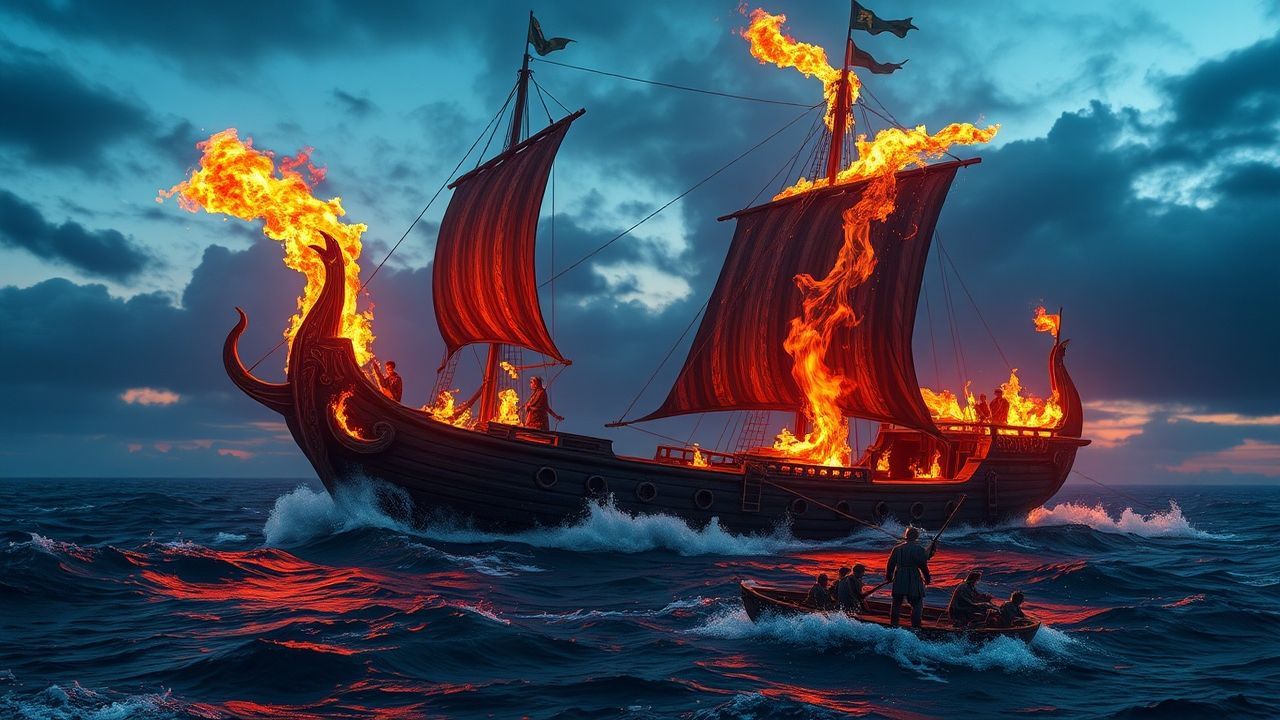 Foreboding Viking Funeral Burning by Night