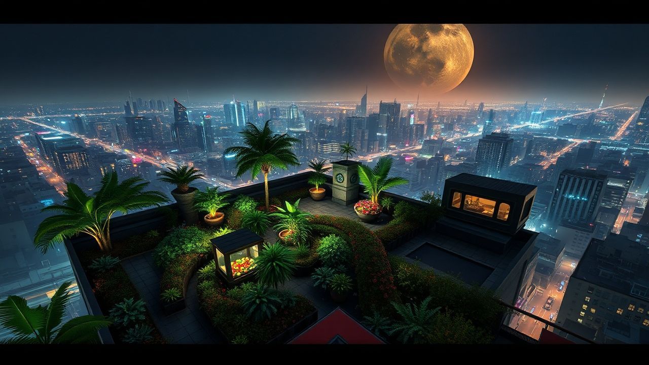 Pristine Rooftop Garden Oasis by Night