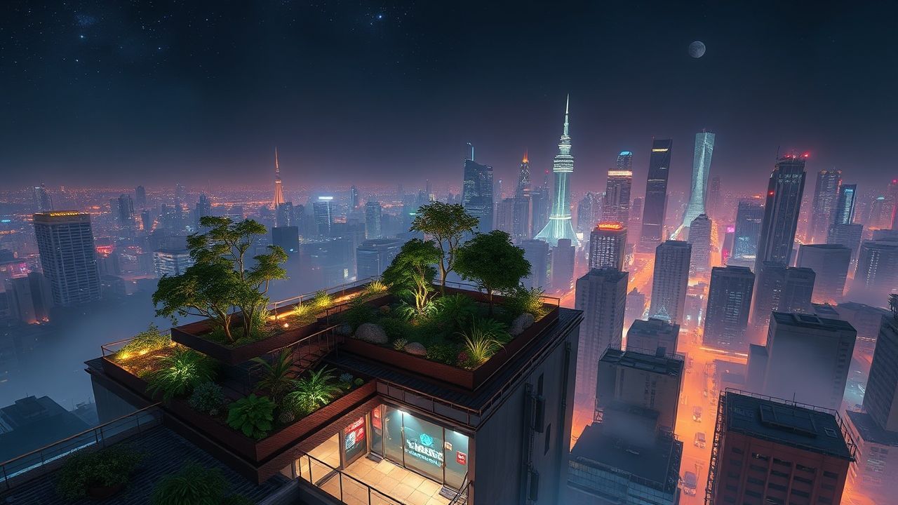 Exquisite Rooftop Garden Oasis by Night