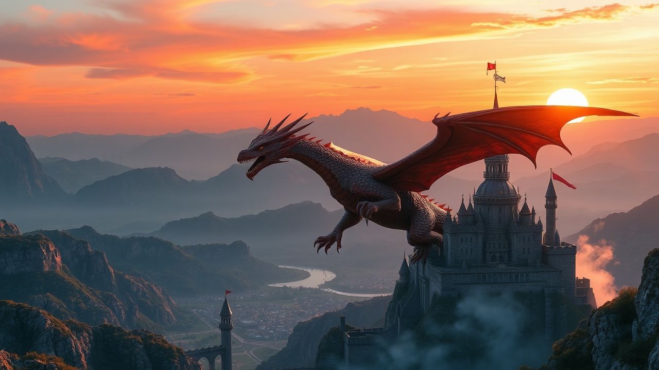 Spectacular Dragon Flying Medieval at Sunset