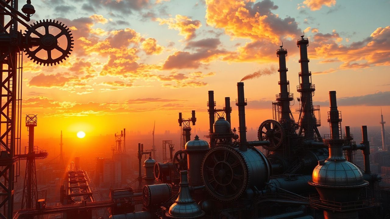 Towering Steampunk City Brass at Sunset