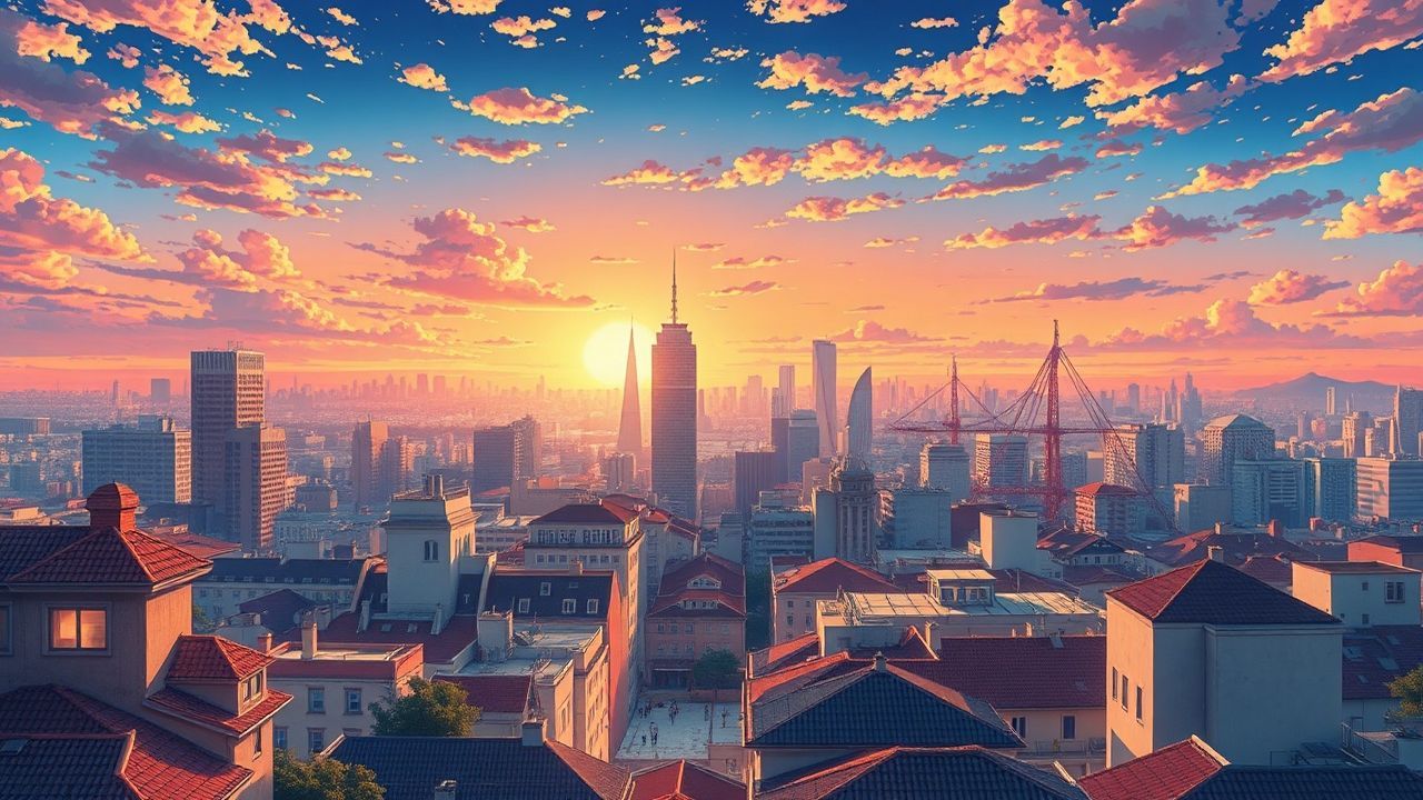 Brilliant Anime Cityscape Hour in Golden Light