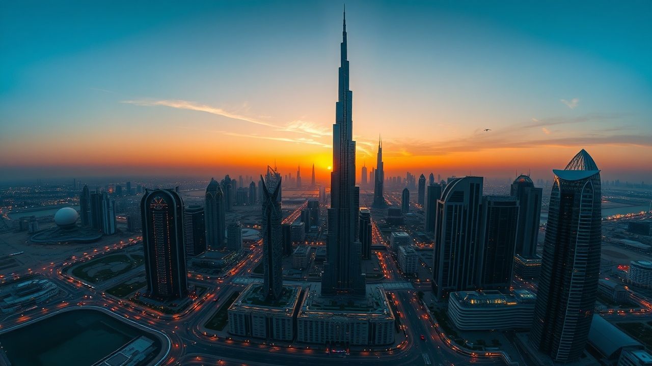 Vast Dubai Futuristic Towers at Sunset