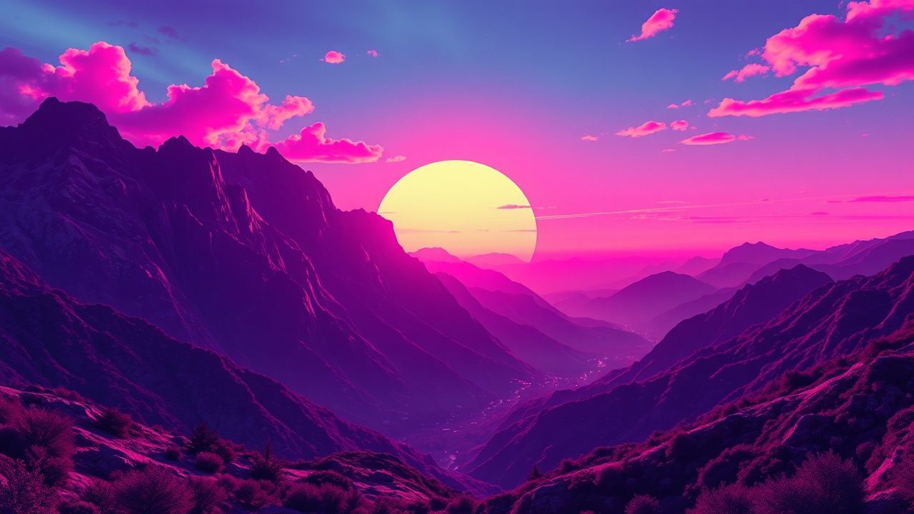 Enchanted Vaporwave Grid Mountains at Sunset