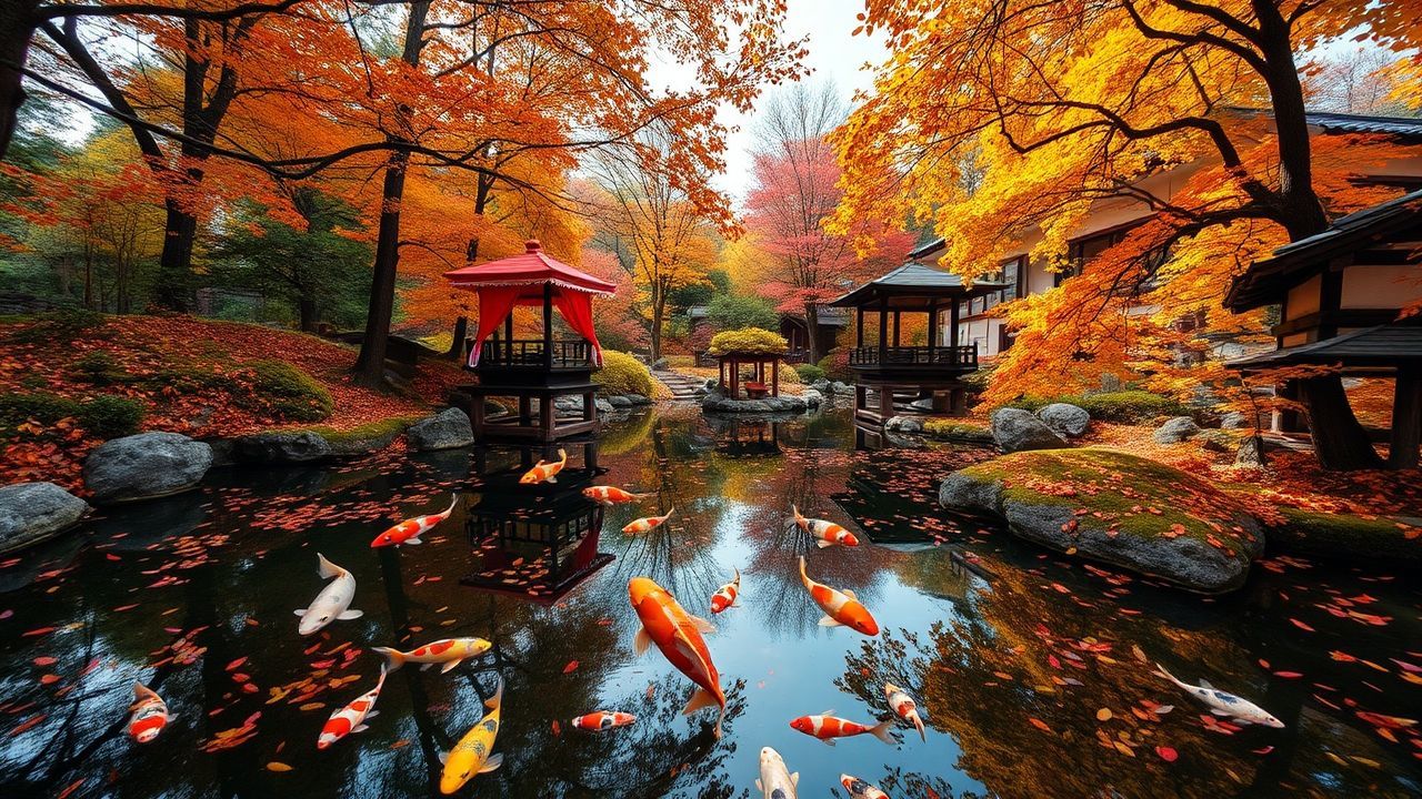 Celestial Japanese Koi Pond in Autumn