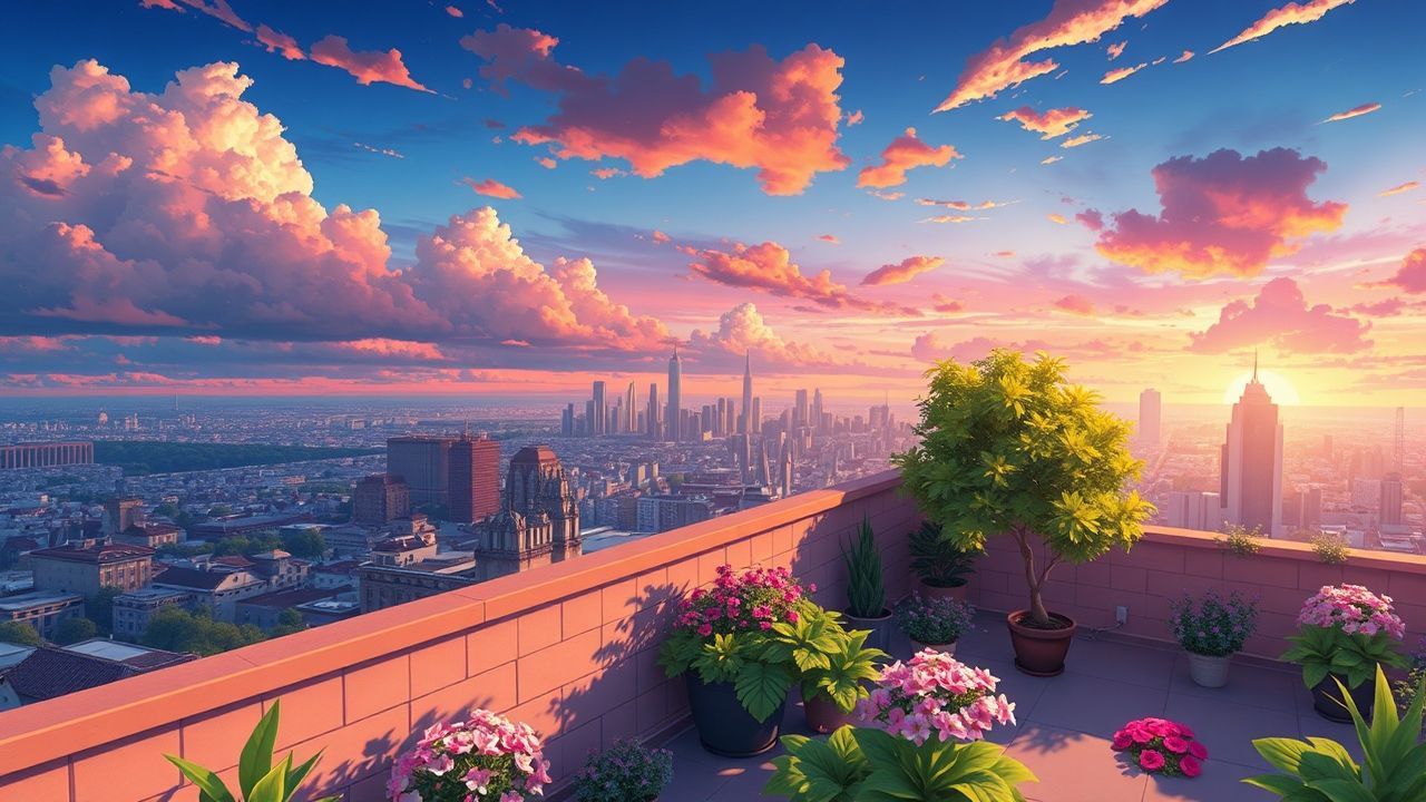 Extraordinary Rooftop Garden City at Sunset
