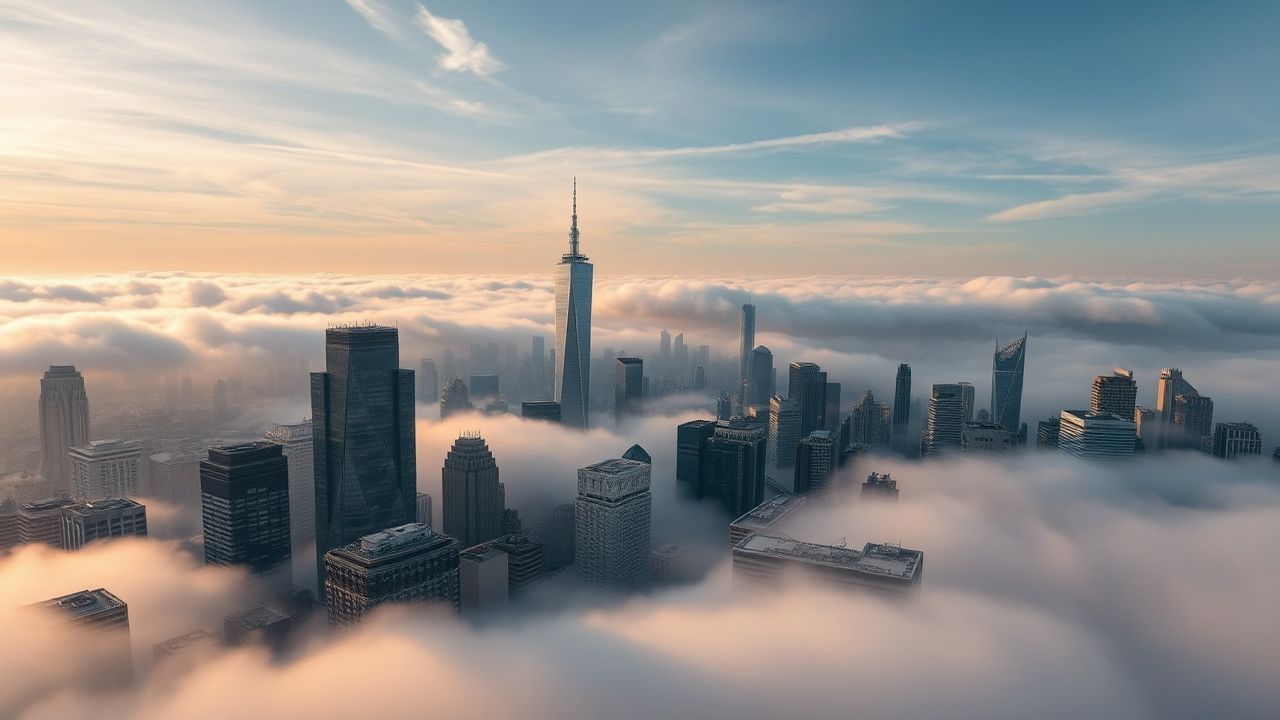 Lush City Skyscrapers Emerging in the Mist