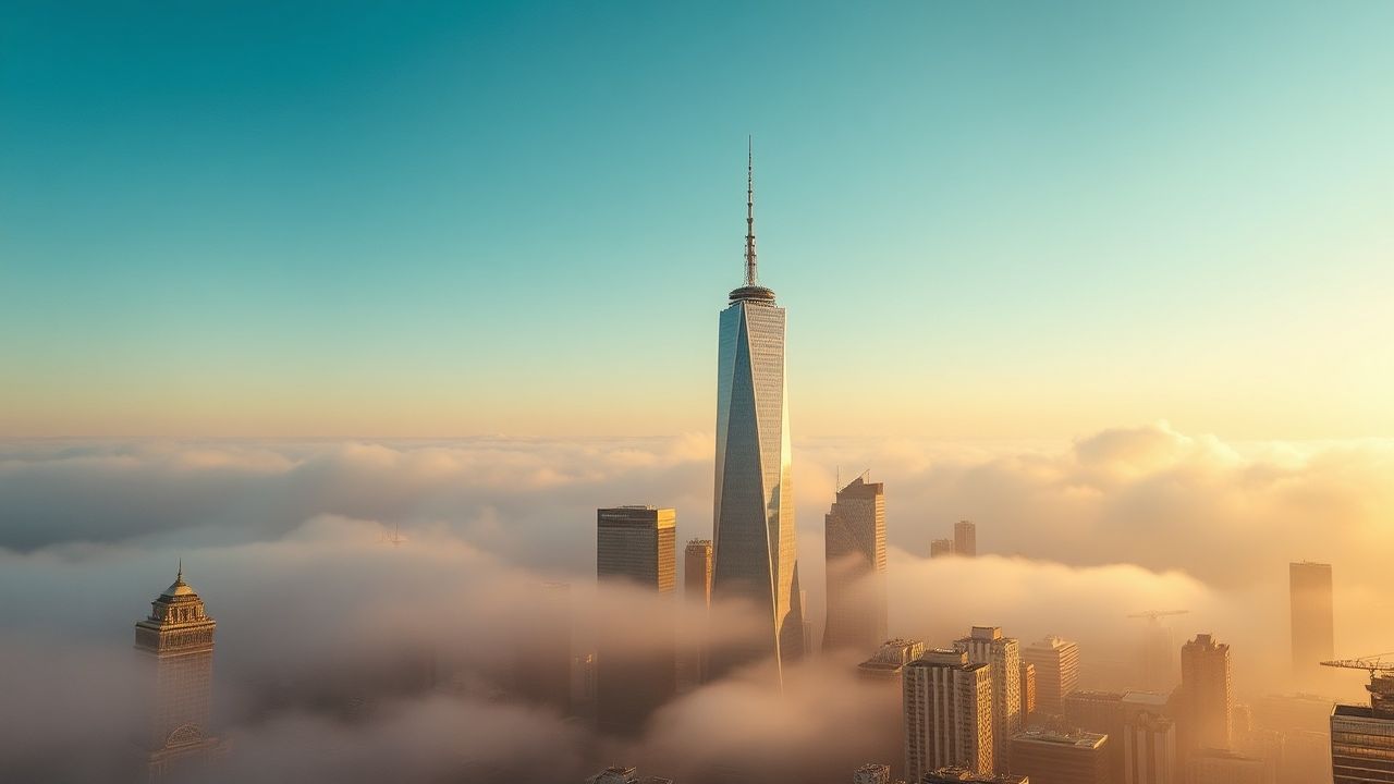 Glorious City Skyscrapers Emerging in the Mist