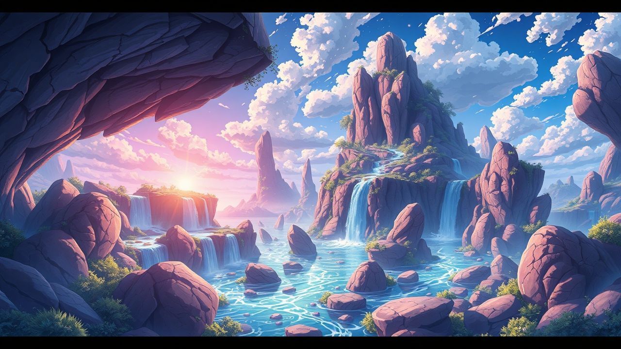 Vibrant Fantasy Landscape Floating Magic
