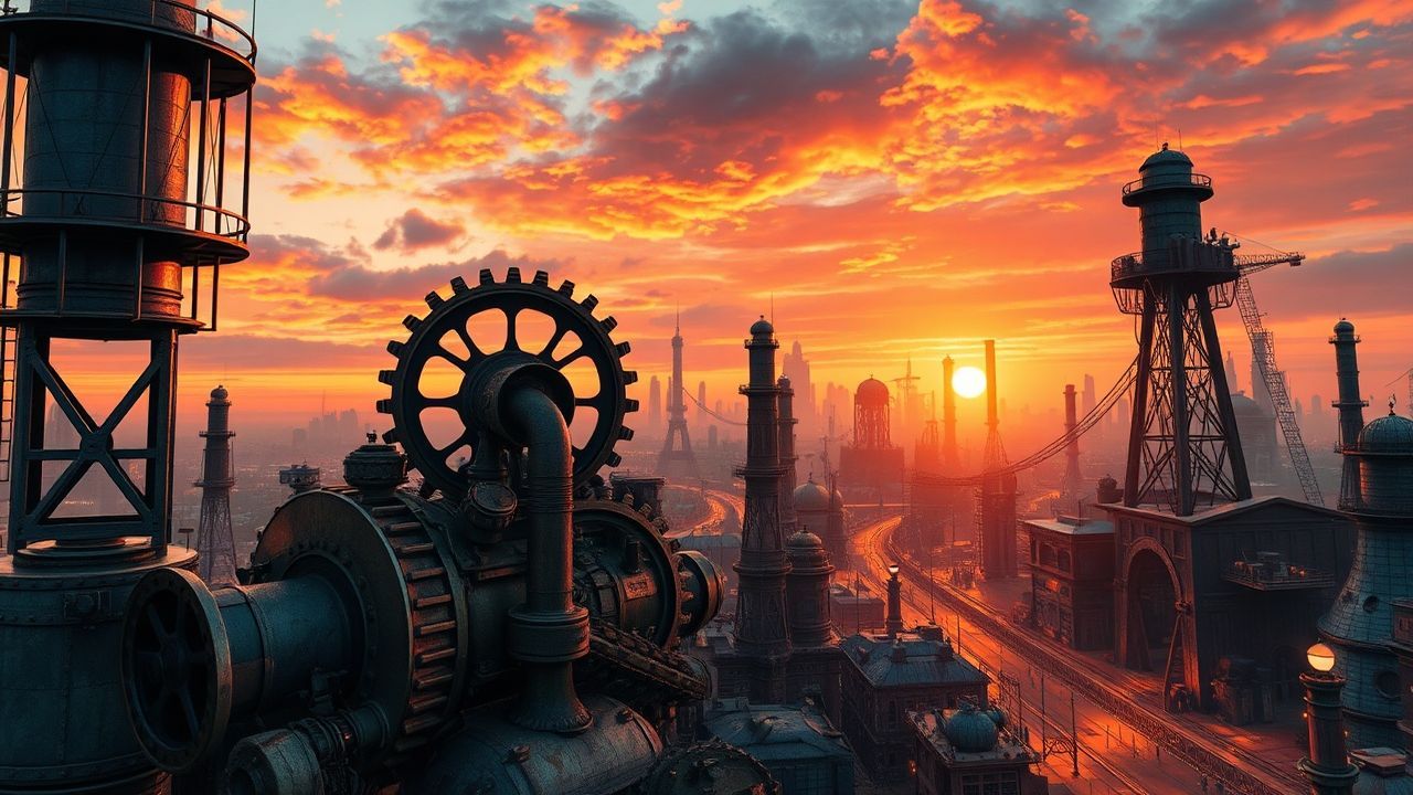 Breathtaking Steampunk City Brass at Sunset
