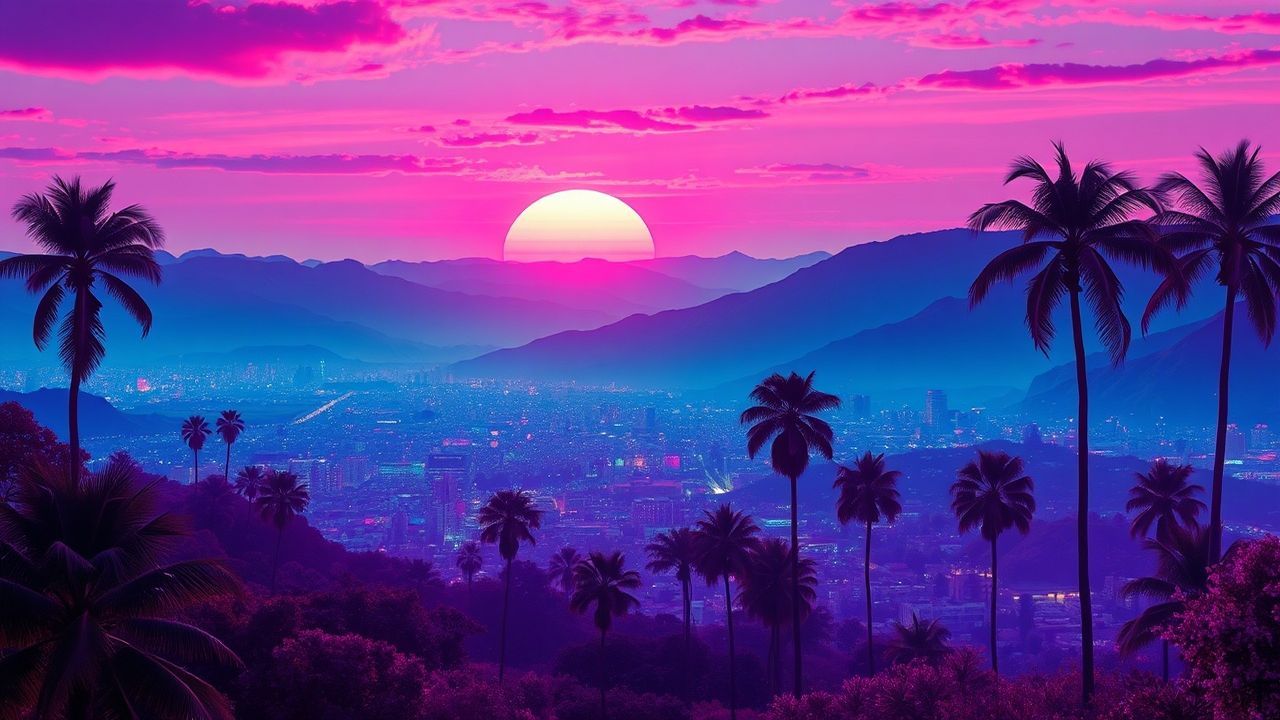 Enchanting Synthwave Grid Mountains at Sunset