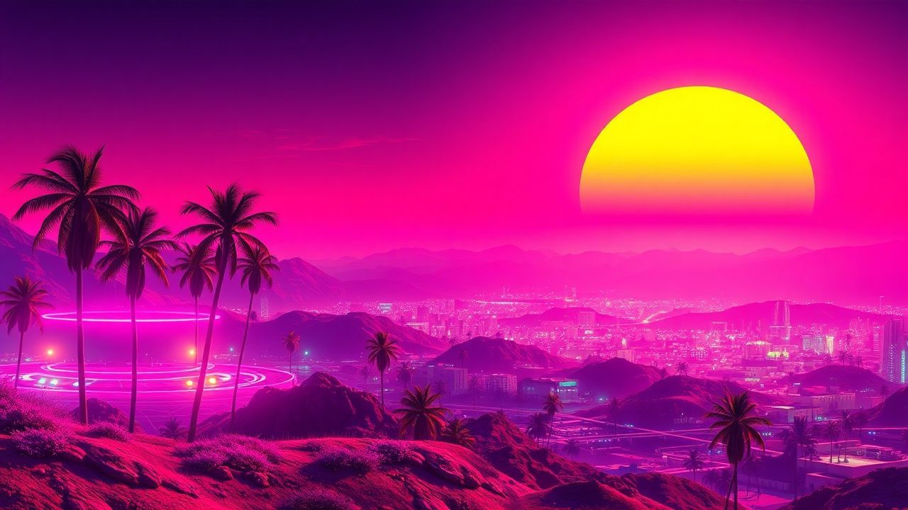 Chromatic Synthwave Grid Mountains at Sunset