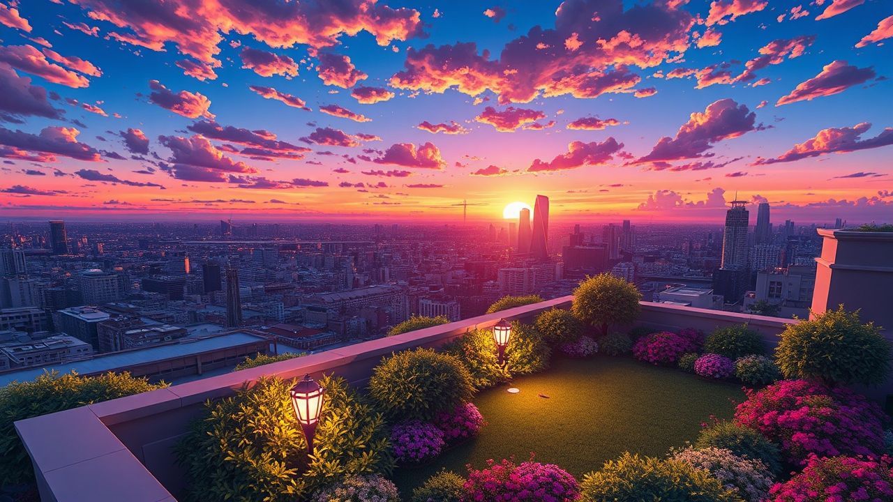 Peaceful Rooftop Garden City at Sunset