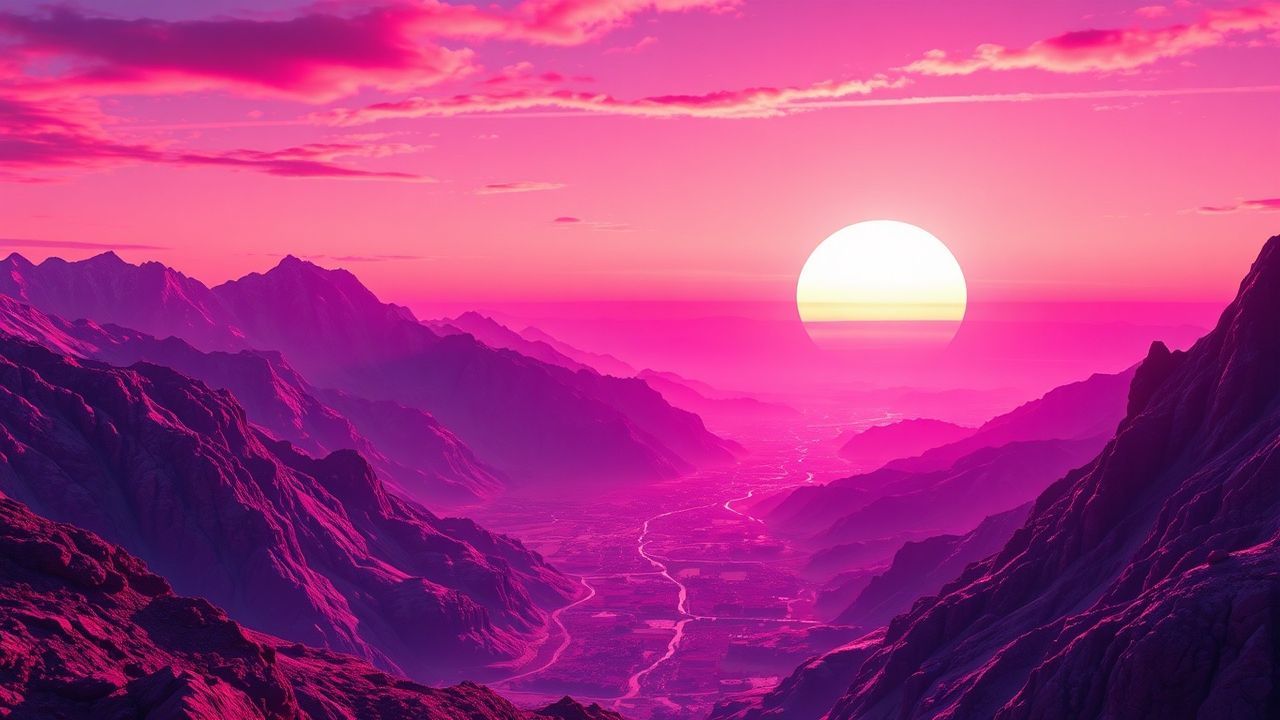 Cosmic Vaporwave Grid Mountains at Sunset