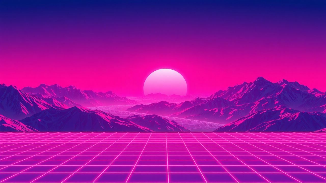 Shimmering Vaporwave Grid Mountains at Sunset
