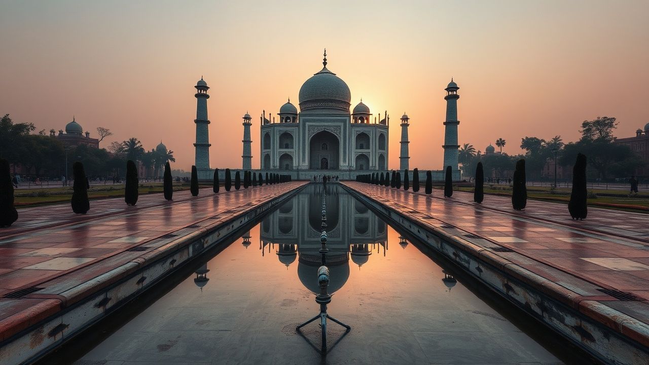 Ornate Taj Mahal Symmetry at Sunrise