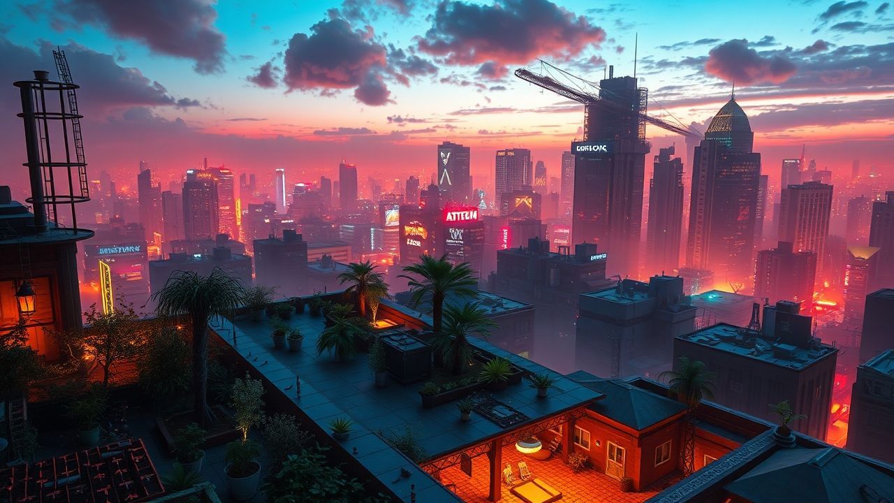 Blazing Rooftop Garden Oasis by Night