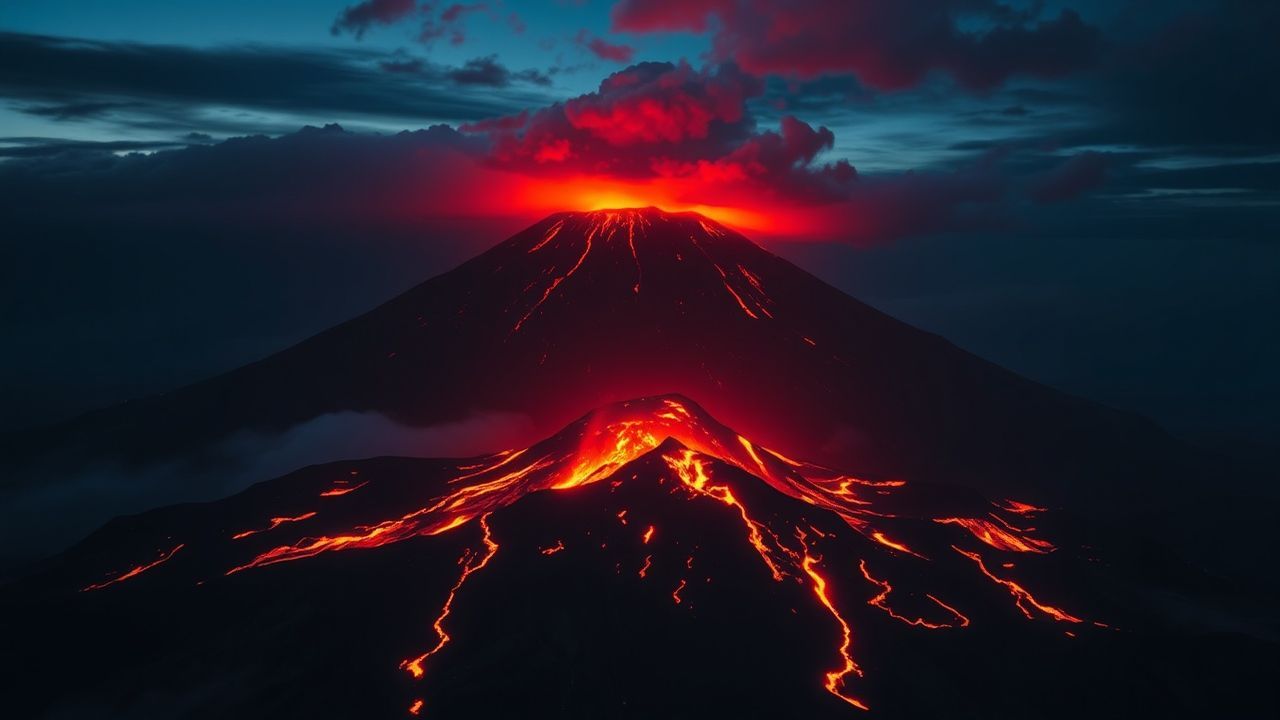 Vibrant Volcanic Eruption Lava by Night