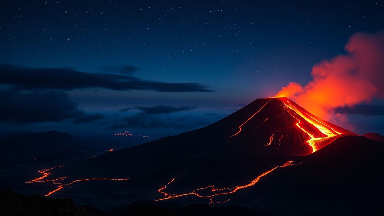 Mesmerizing Volcanic Eruption Lava by Night