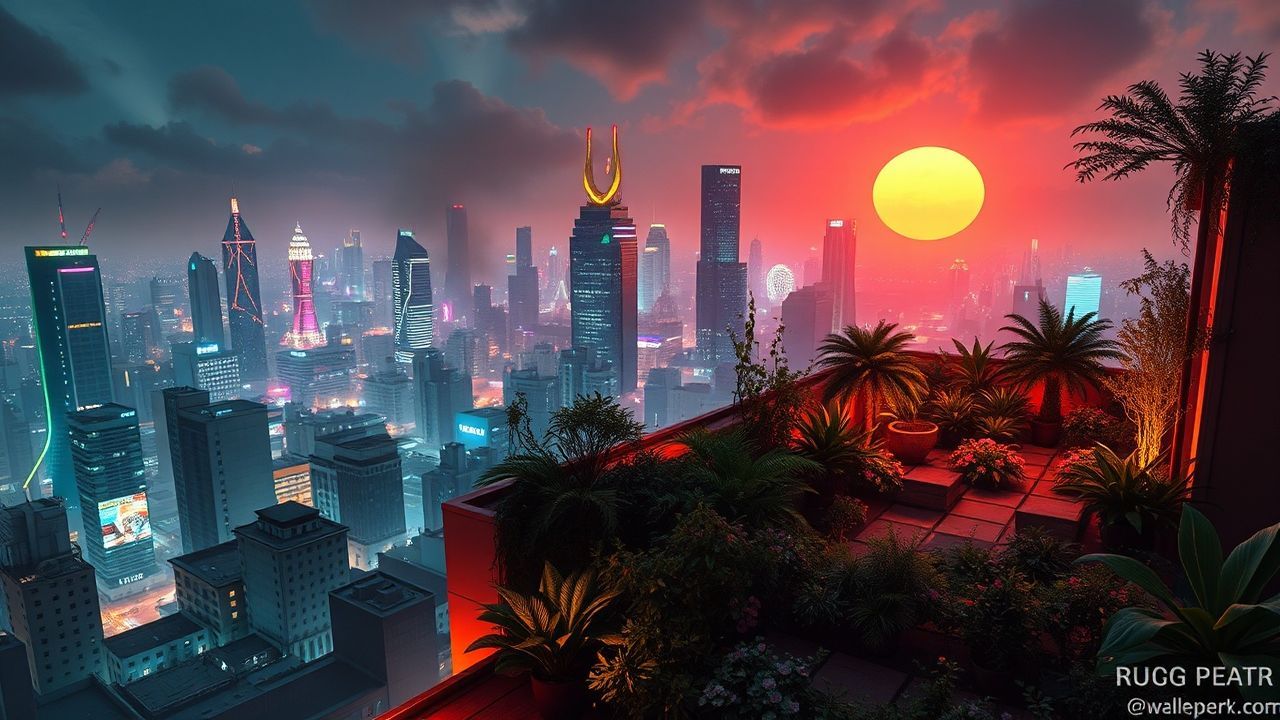 Sprawling Rooftop Garden Oasis by Night