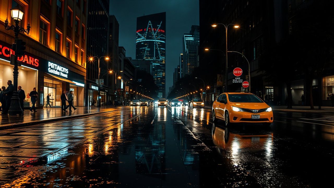 Verdant Street Reflections Lights in the Rain