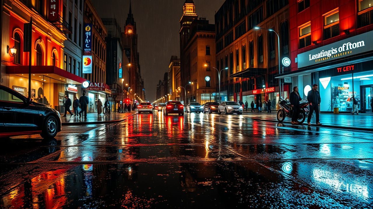 Dramatic Street Reflections Lights in the Rain