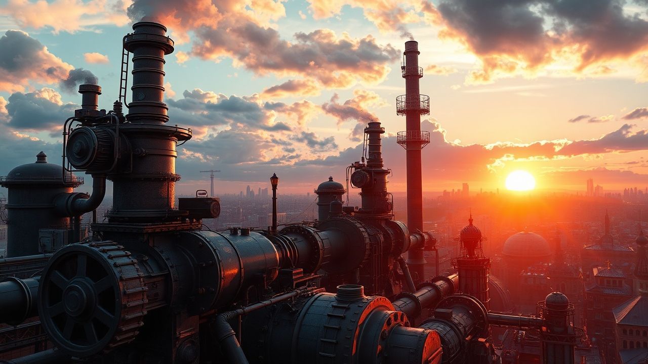 Arcane Steampunk City Brass at Sunset