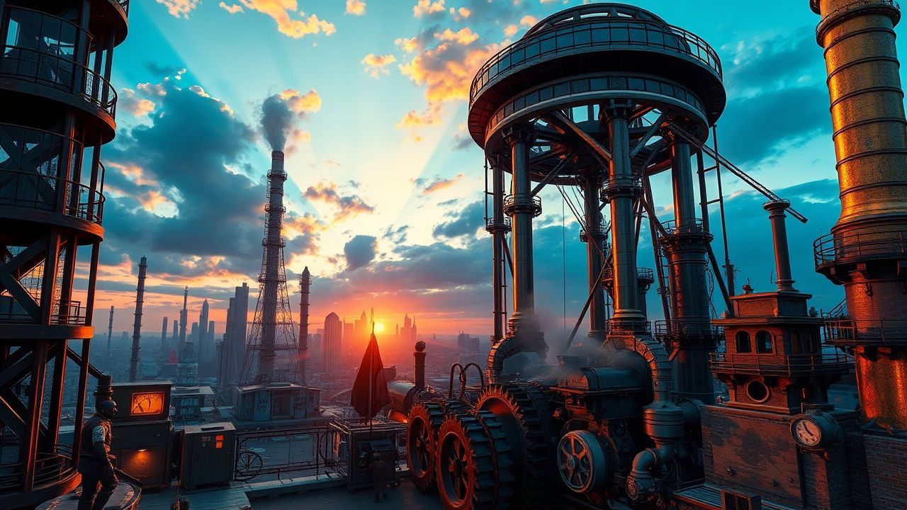 Majestic Steampunk City Brass at Sunset