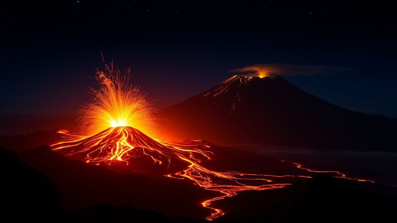 Fierce Volcanic Eruption Lava by Night