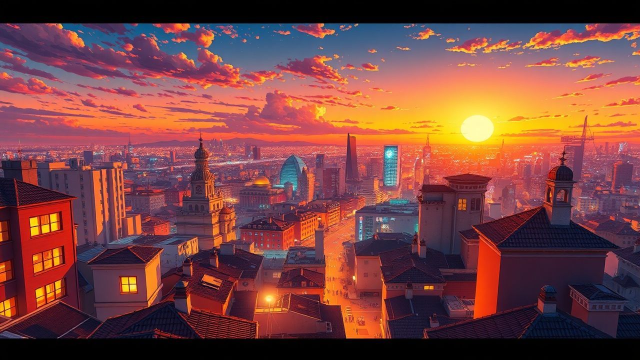 Radiant Anime Cityscape Hour in Golden Light